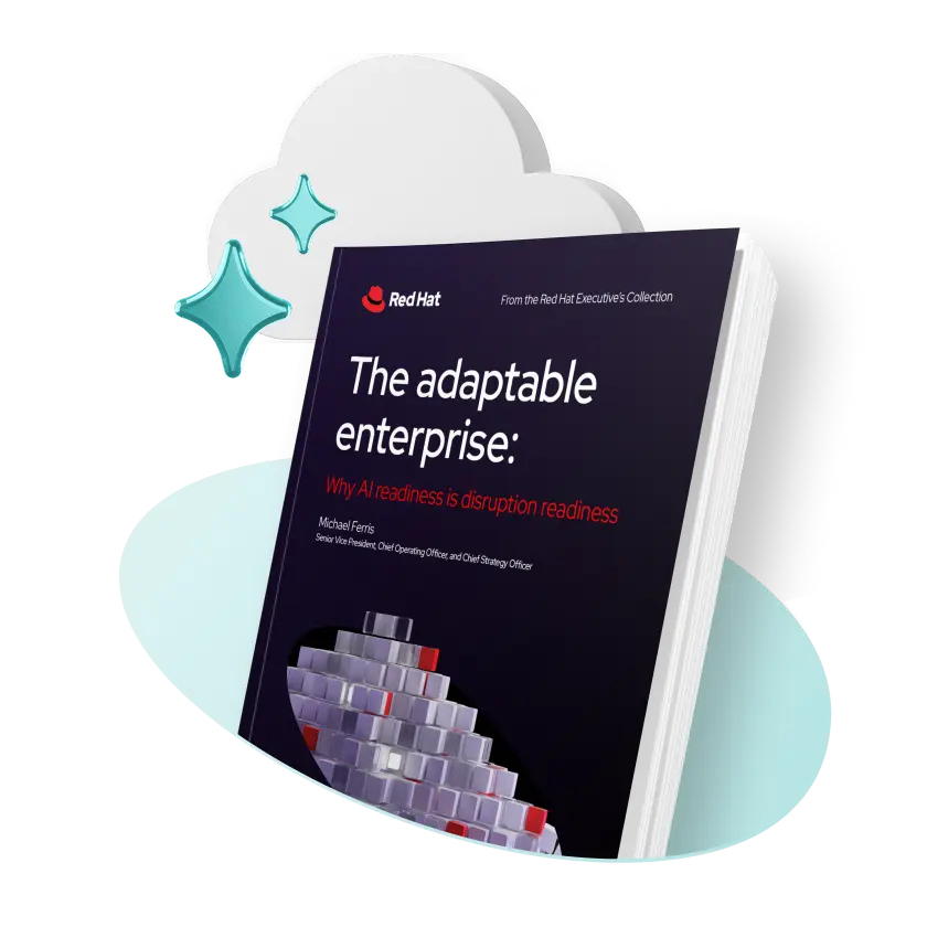 An image of Red Hat's adaptable enterprise e-book emerging from a 3D orb with AI sparkles in the foreground